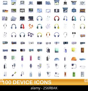 100 device icons set. Cartoon illustration of 100 device icons vector set isolated on white background. 100 device icons set, cartoon style Stock Vector