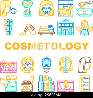 Cosmetology Beauty Procedure Icons Set Vector. Lifting Face Skin With Electronic Device And Facial Mask, Depilation Armpit And Leg, Cosmetology Body Treat And Allergy Test Line. Color Illustrations. Cosmetology Beauty Procedure Icons Set Vector Stock Vector