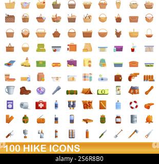 100 hike icons set. Cartoon illustration of 100 hike icons vector set isolated on white background. 100 hike icons set, cartoon style Stock Vector