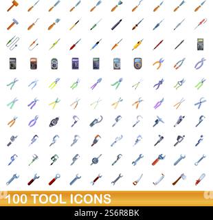 100 tool icons set. Cartoon illustration of 100 tool icons vector set isolated on white background. 100 tool icons set, cartoon style Stock Vector
