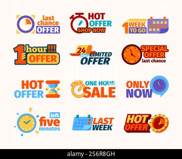 Countdown logo. Weekly or daily promotional counters banners for hot offers or sale timers date garish vector promo business templates collection. Illustration countdown offer, day count or hours. Countdown logo. Weekly or daily promotional counters banners for hot offers or sale timers date garish vector promo business templates collection Stock Vector