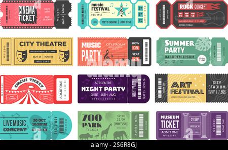 Entertainment tickets. Event cardboard labels cinema theatre kids playground music festival recent vector design tickets set isolated. Illustration cardboard event ticket, entertainment coupon. Entertainment tickets. Event cardboard labels cinema theatre kids playground music festival recent vector design tickets set isolated Stock Vector