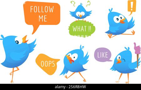 Blue bird messages. Cartoon animal with speech bubbles, social media cute stickers vector set. Illustration cartoon message from blue bird. Blue bird messages. Cartoon animal with speech bubbles, social media cute stickers vector set Stock Vector