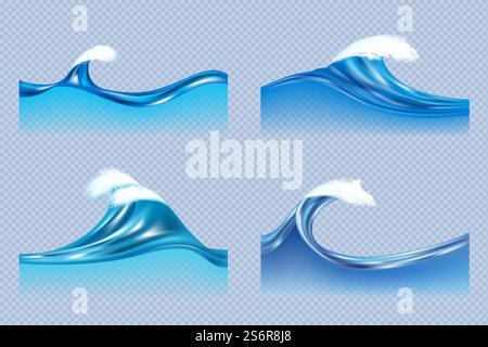 Water waves. Realistic liquid splashes of ocean or sea waves surfaces vector templates. Wave clear blue with white ripple, curve sea marine illustration. Water waves. Realistic liquid splashes of ocean or sea waves surfaces vector templates Stock Vector
