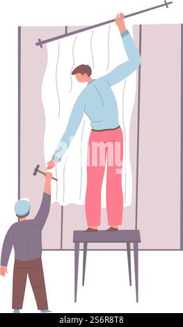 Dad and son working on apartment renovation, isolated boy child giving hammer to father. Family bonding and helping each other. Man fixing curtains holder. Vector in flat style, illustration. Boy helping father with housework, dad and son Stock Vector