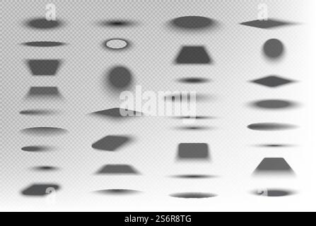 Geometrical shadows. Transparent round realistic shapes from boxes oval and square forms decent vector set. Realistic shadow empty, decoration transparent black illustration. Geometrical shadows. Transparent round realistic shapes from boxes oval and square forms decent vector set Stock Vector