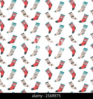 Xmas and new year celebration, knitted socks with ornaments, woolen and warm clothes for winter frosts and cold season. Christmas seamless pattern, background, or print. Vector in flat style. Kniteed socks with ornaments, xmas and new year Stock Vector