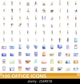 100 office icons set. Cartoon illustration of 100 office icons vector set isolated on white background. 100 office icons set, cartoon style Stock Vector