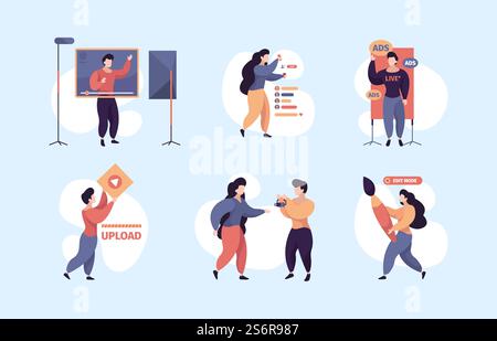 Content makers. Video bloggers writers characters making social activities writing articles garish vector stylized flat person. Web digital media, making blog illustration. Content makers. Video bloggers writers characters making social activities writing articles garish vector stylized flat person Stock Vector
