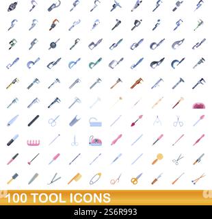 100 tool icons set. Cartoon illustration of 100 tool icons vector set isolated on white background. 100 tool icons set, cartoon style Stock Vector