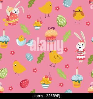 Bunny on colored egg, chicken n shell and baked cake with icing and cherry decor. Easter holiday celebration. and fun in spring season. Seamless pattern, background or print. Vector in flat style. Easter holiday celebration, bunny and chicken s Stock Vector