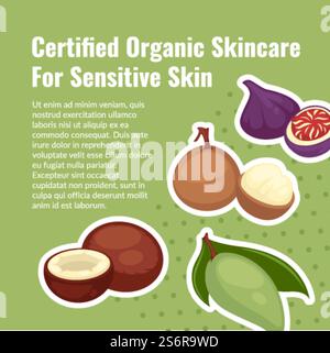 Natural ingredients for cosmetic products, certified skincare for sensitive skin. Homemade masks and moisturizers with lichi. Promo banner, advertisement or food presentation. Vector in flat style. Certified organic skincare for sensitive skin Stock Vector