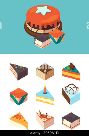 Isometric cakes. Delicious products sliced cake pieces garish vector illustrations. Cake piece isometric, sliced product delicious, cheesecake part slice. Isometric cakes. Delicious products sliced cake pieces garish vector illustrations Stock Vector