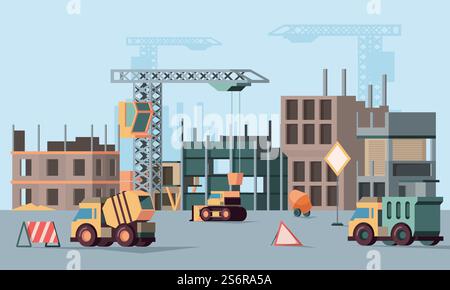 Urban building construction. Stages of big construction skyscraper in city various professional vehicles for builders garish vector background flat ortogonal. Industrial development urban illustration. Urban building construction. Stages of big construction skyscraper in city various professional vehicles for builders garish vector background with flat ortogonal Stock Vector