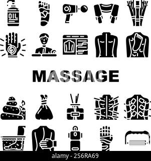 Massage Accessories And Treatment Icons Set Vector. Shiatsu Massage Physiotherapy And Acupuncture, Water And Stone For Massaging, Masseur Business And Occupation Glyph Pictograms Black Illustrations. Massage Accessories And Treatment Icons Set Vector Stock Vector