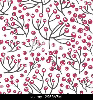 Winter berries on branches, dry twigs with rowanberry or rosehip. Decorative ornaments for greeting card. Xmas and new year symbol. Seamless pattern background or print. Vector in flat style. Berries on branches, rowanberry seamless pattern Stock Vector