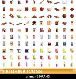 100 drink icons set. Cartoon illustration of 100 drink icons vector set isolated on white background. 100 drink icons set, cartoon style Stock Vector