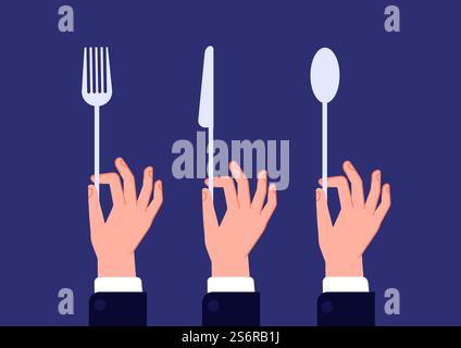 Hands with cutlery. Hand hold spoon, fork knife. Waiter hands holding kitchen utensils, catering in restaurant or gentleman on dinner utter vector concept. Illustration knife and fork, spoon in hands. Hands with cutlery. Hand hold spoon, fork knife. Waiter hands holding kitchen utensils, catering in restaurant or gentleman on dinner utter vector concept Stock Vector