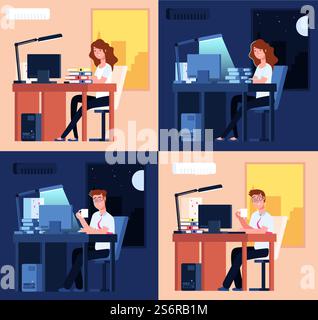 Day night work. Late office working, man woman overtime job. Flat tired employees, remote non stop labor at computer utter vector concept. Illustration office late work, night and day workplace. Day night work. Late office working, man woman overtime job. Flat tired employees, remote non stop labor at computer utter vector concept Stock Vector