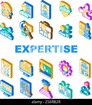 Expertise Business Processing Icons Set Vector. Skill Employee And Leadership Expertise, Calendar With Report Of Work Done And Reporting Goal Achievement Isometric Sign Color Illustrations. Expertise Business Processing Icons Set Vector Stock Vector