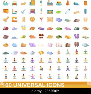 100 universal icons set. Cartoon illustration of 100 universal icons vector set isolated on white background. 100 universal icons set, cartoon style Stock Vector