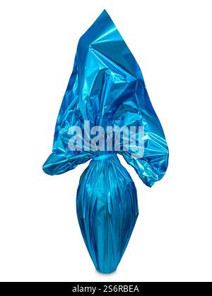 Easter chocolate egg wrapped in blue glitter paper isolated on white with clipping path included Stock Photo