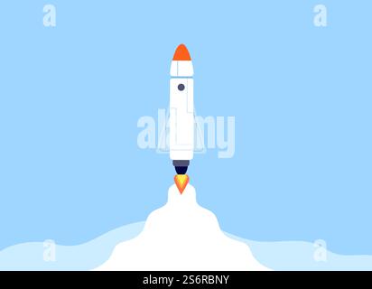 Rocket launch. Space ship launches, simple spaceship on start. New project or business, cartoon flat shuttle fly in sky utter vector background. Illustration rocket ship, spaceship start or launch. Rocket launch. Space ship launches, simple spaceship on start. New project or business, cartoon flat shuttle fly in sky utter vector background Stock Vector