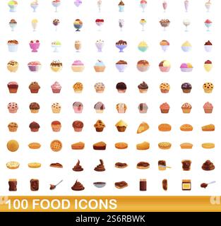 100 food icons set. Cartoon illustration of 100 food icons vector set isolated on white background. 100 food icons set, cartoon style Stock Vector