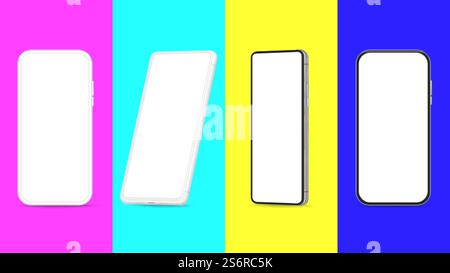 Realistic smartphone template. Smartphones empty screen, phones on neon color background. Mobile net, ad mockup vector set. Illustration smartphone screen, touch mobile empty. Realistic smartphone template. Smartphones empty screen, phones on neon color background. Mobile net, ad mockup vector set Stock Vector