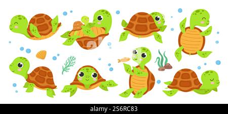 Turtle characters. Cartoon tortoise, smile turtles running. Isolated cute animal walking, flat green comic funny wildlife exact vector collection. Illustration character turtle and tortoise animal. Turtle characters. Cartoon tortoise, smile turtles running. Isolated cute animal walking, flat green comic funny wildlife exact vector collection Stock Vector