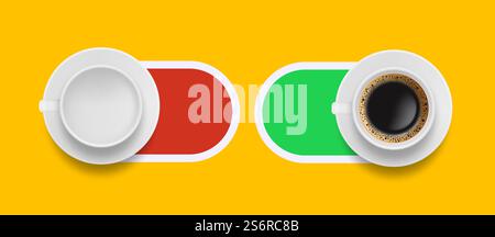 Coffee morning sliders. On off buttons with realistic empty white mug and americano or espresso drink vector illustration. Switch breakfast morning drink. Coffee morning sliders. On off buttons with realistic empty white mug and americano or espresso drink vector illustration Stock Vector
