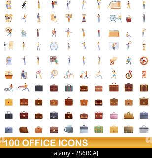 100 office icons set. Cartoon illustration of 100 office icons vector set isolated on white background. 100 office icons set, cartoon style Stock Vector