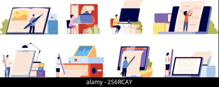 Authors concept. Blogger professional, book writers or cartoon copywriter. Creative literature poetry editing, genius imagination utter vector scenes. Illustration author and journalist write book. Authors concept. Blogger professional, book writers or cartoon copywriter. Creative literature poetry editing, genius imagination utter vector scenes Stock Vector