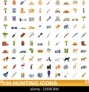 100 hunting icons set. Cartoon illustration of 100 hunting icons vector set isolated on white background. 100 hunting icons set, cartoon style Stock Vector