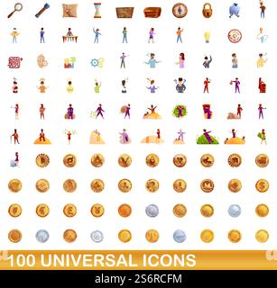 100 universal icons set. Cartoon illustration of 100 universal icons vector set isolated on white background. 100 universal icons set, cartoon style Stock Vector