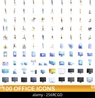 100 office icons set. Cartoon illustration of 100 office icons vector set isolated on white background. 100 office icons set, cartoon style Stock Vector