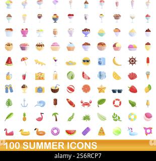 100 summer icons set. Cartoon illustration of 100 summer icons vector set isolated on white background. 100 summer icons set, cartoon style Stock Vector