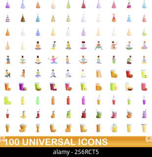 100 universal icons set. Cartoon illustration of 100 universal icons vector set isolated on white background. 100 universal icons set, cartoon style Stock Vector