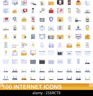 100 internet icons set. Cartoon illustration of 100 internet icons vector set isolated on white background. 100 internet icons set, cartoon style Stock Vector