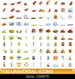 100 universal icons set. Cartoon illustration of 100 universal icons vector set isolated on white background. 100 universal icons set, cartoon style Stock Vector