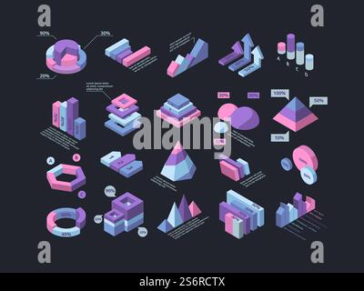 Hud isometric. Infographic 3d futuristic elements pyramid charts column timelines garish vector business collection. Presentation diagram and graph, colorful information pyramid illustration. Hud isometric. Infographic 3d futuristic elements pyramid charts column timelines garish vector business collection Stock Vector