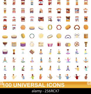 100 universal icons set. Cartoon illustration of 100 universal icons vector set isolated on white background. 100 universal icons set, cartoon style Stock Vector