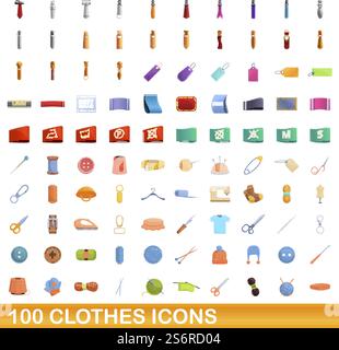 100 clothes icons set. Cartoon illustration of 100 clothes icons vector set isolated on white background. 100 clothes icons set, cartoon style Stock Vector