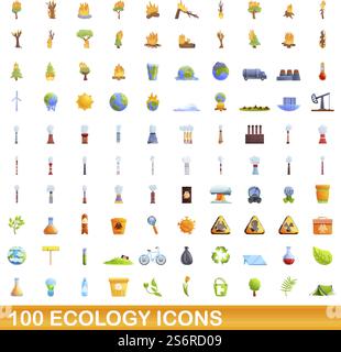 100 ecology icons set. Cartoon illustration of 100 ecology icons vector set isolated on white background. 100 ecology icons set, cartoon style Stock Vector