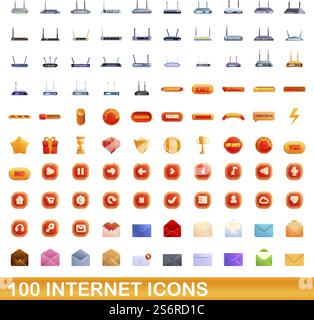 100 internet icons set. Cartoon illustration of 100 internet icons vector set isolated on white background. 100 internet icons set, cartoon style Stock Vector