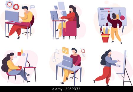 Programmers characters. Web codders designers working testers mailing writers garish vector illustrations of stylized people. Illustration coder work, programmer development. Programmers characters. Web codders designers working testers mailing writers garish vector illustrations of stylized people Stock Vector