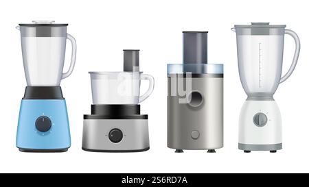 Meal juicer. Kitchen appliances for preparing healthy liquid food juice blender and mixers decent vector illustrations realistic. Cooking kitchen juicer, equipment domestic. Meal juicer. Kitchen appliances for preparing healthy liquid food juice blender and mixers decent vector illustrations realistic Stock Vector