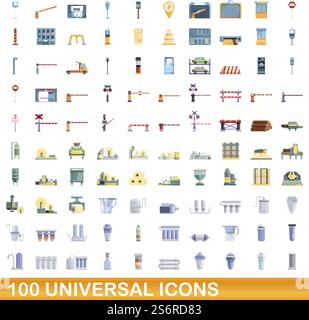 100 universal icons set. Cartoon illustration of 100 universal icons vector set isolated on white background. 100 universal icons set, cartoon style Stock Vector