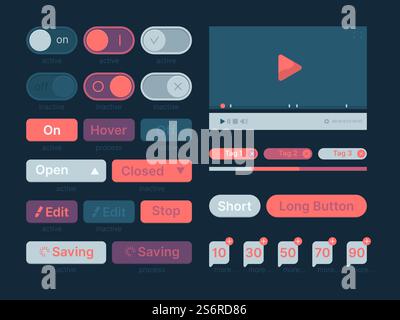 Ui kit. Web themes icon buttons bar menu search line dividers players garish vector template. Illustration interface button app, bar user kit. Ui kit. Web themes icon buttons bar menu search line dividers players garish vector template Stock Vector