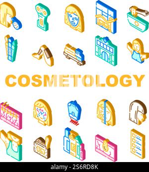 Cosmetology Beauty Procedure Icons Set Vector. Lifting Face Skin With Electronic Device Facial Mask, Depilation Armpit And Leg, Cosmetology Body Treat Allergy Test Isometric Sign Color Illustrations. Cosmetology Beauty Procedure Icons Set Vector Stock Vector